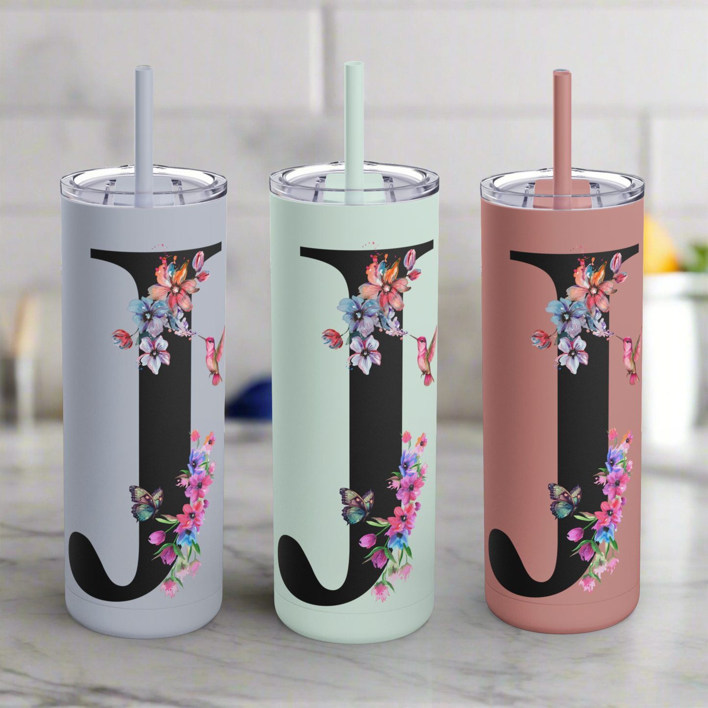 Monogram Floral Personalized Skinny Tumbler, 20oz with Hummingbird & Initial, Custom Drinkware, Gift for Her, Birthday, Bridal Shower, Summer