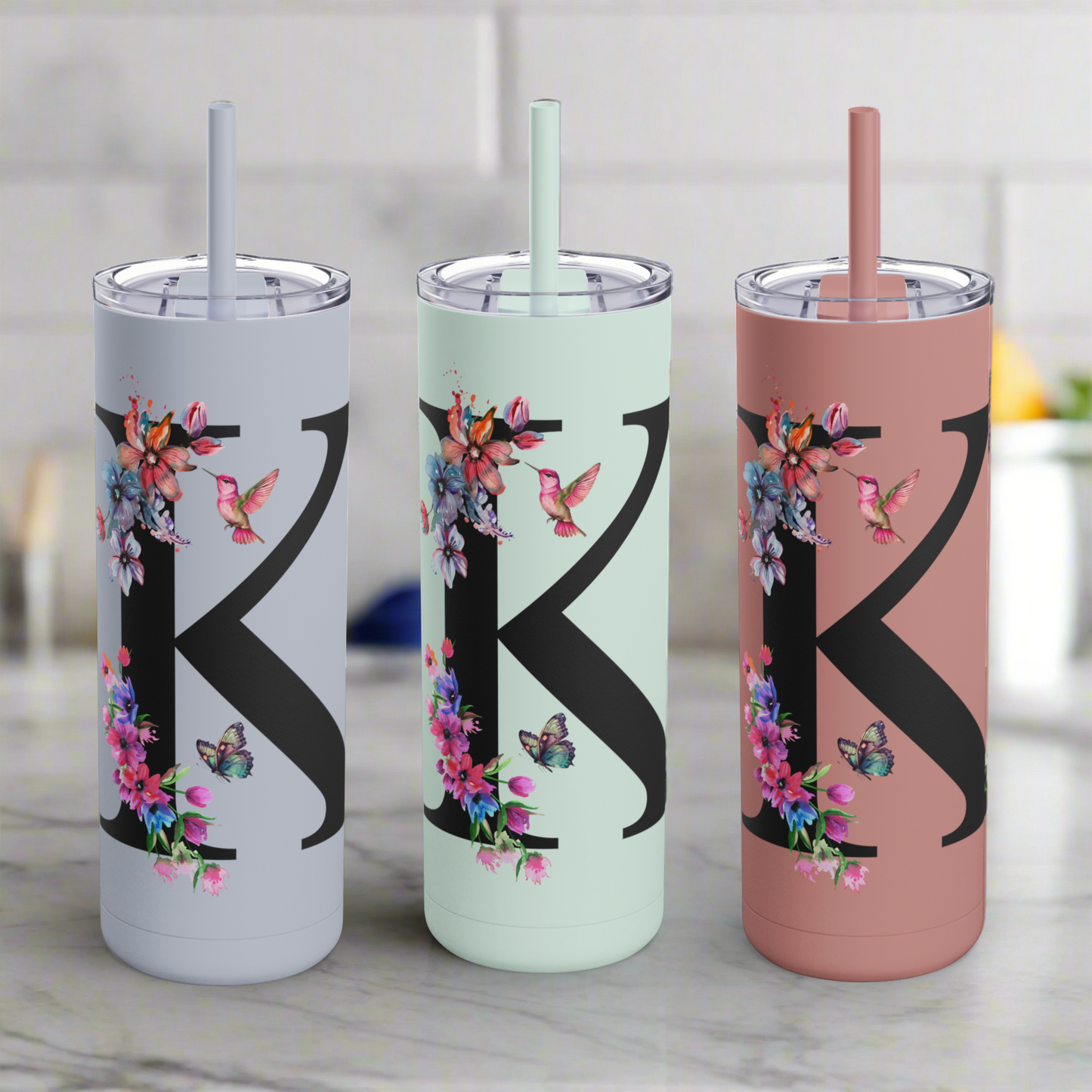 Monogram Floral Personalized Skinny Tumbler, 20oz with Hummingbird & Initial, Custom Drinkware, Gift for Her, Birthday, Bridal Shower, Summer