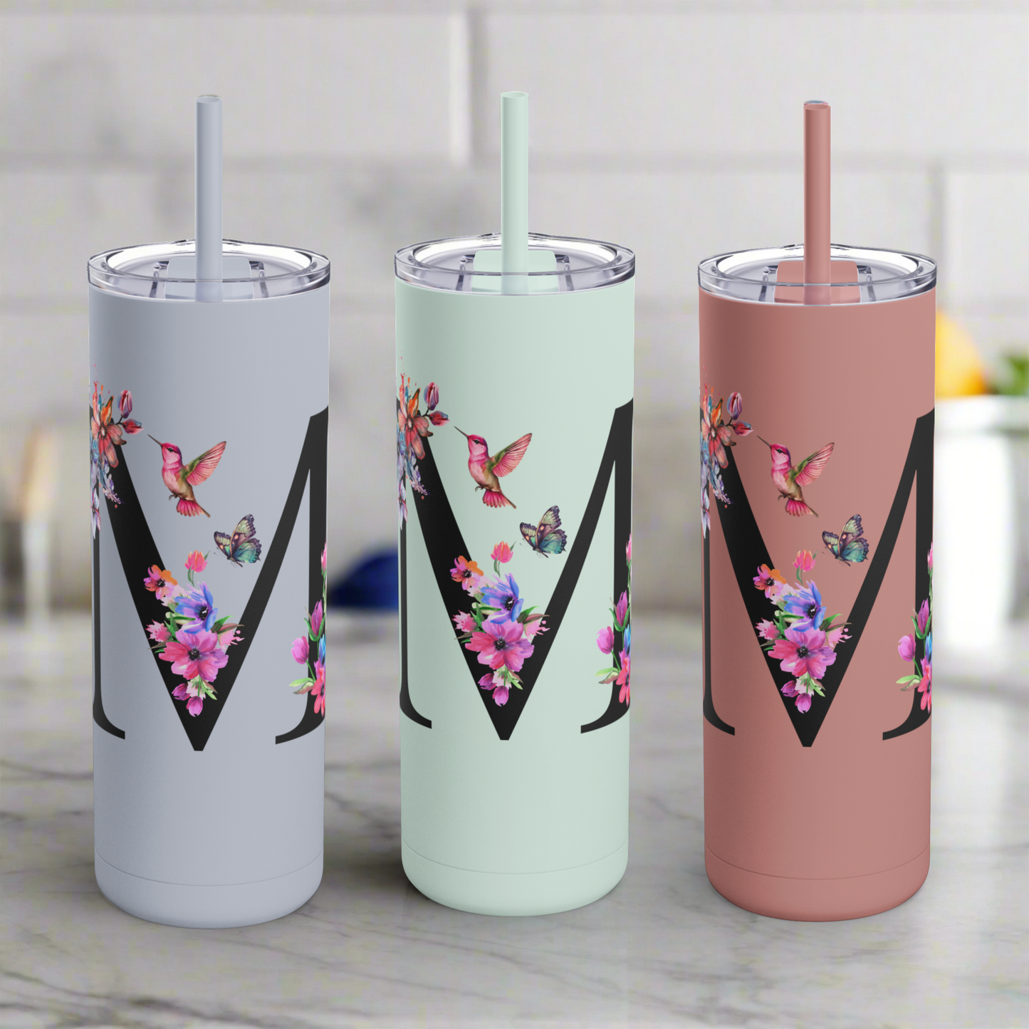 Monogram Floral Personalized Skinny Tumbler, 20oz with Hummingbird & Initial, Custom Drinkware, Gift for Her, Birthday, Bridal Shower, Summer