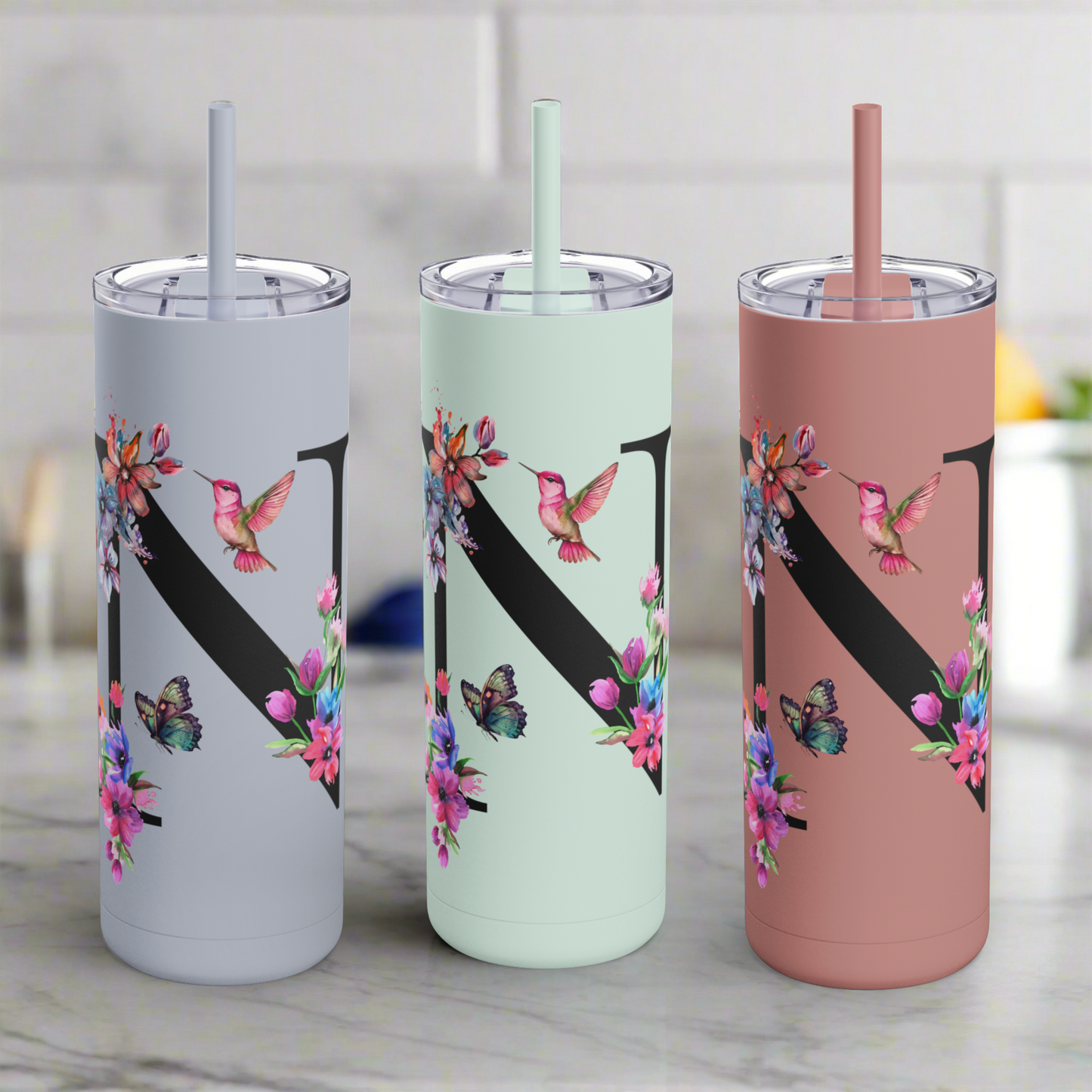 Monogram Floral Personalized Skinny Tumbler, 20oz with Hummingbird & Initial, Custom Drinkware, Gift for Her, Birthday, Bridal Shower, Summer