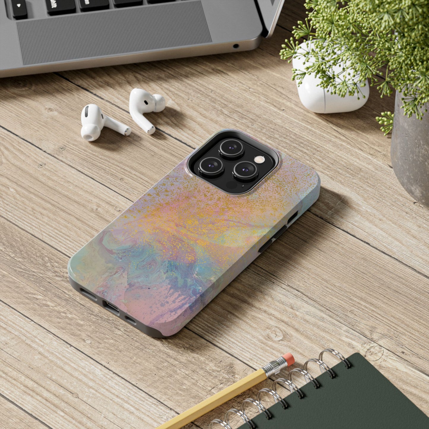 Phone Case - Pastel Rainbow & Gold Watercolor Design