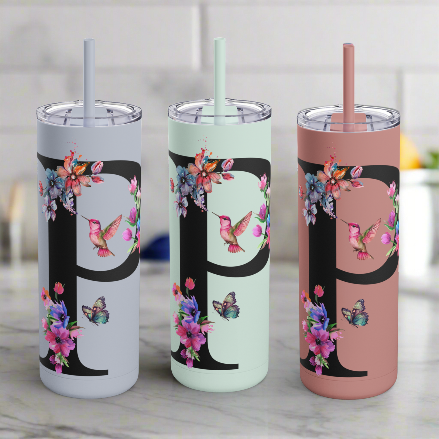 Monogram Floral Personalized Skinny Tumbler, 20oz with Hummingbird & Initial, Custom Drinkware, Gift for Her, Birthday, Bridal Shower, Summer