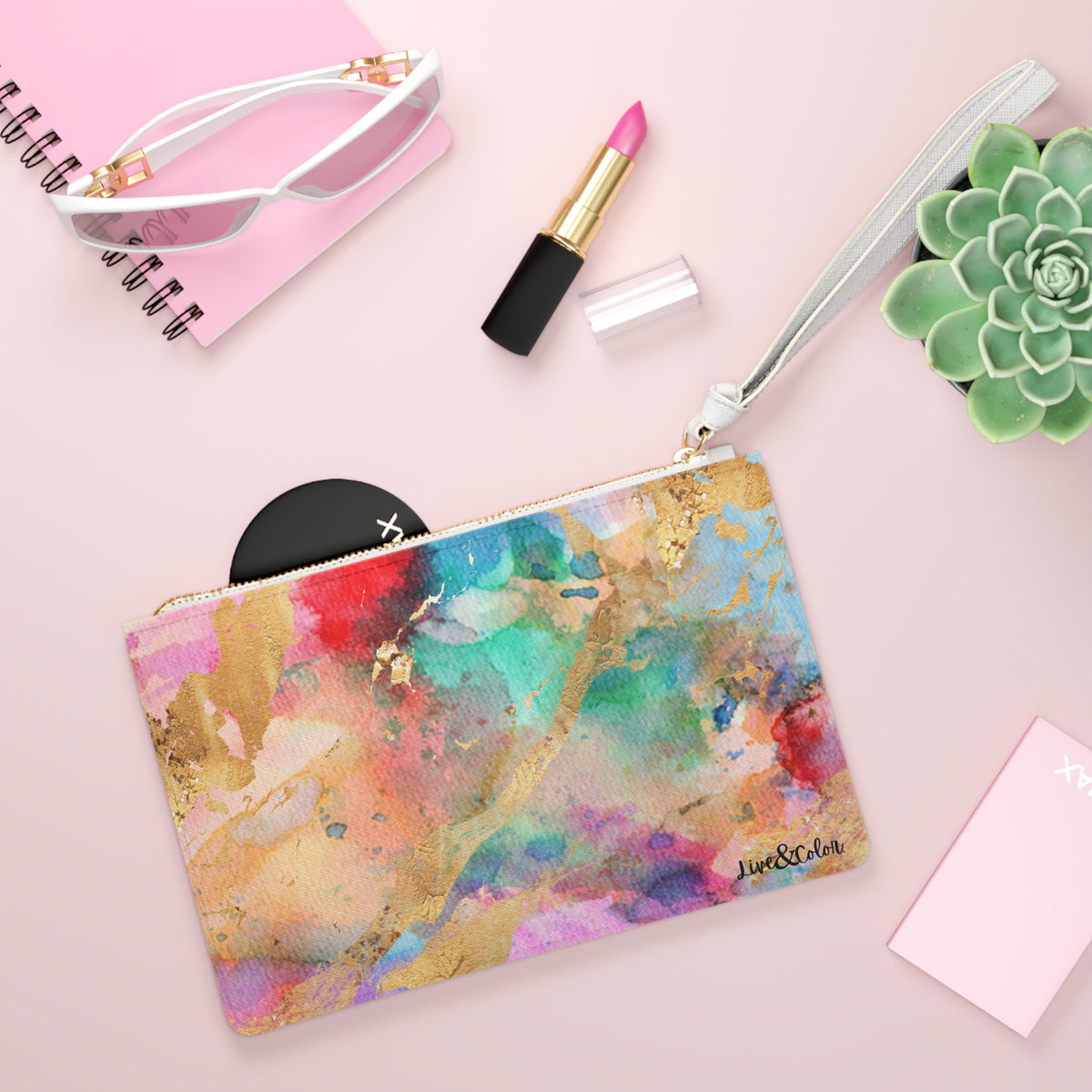 Watercolor & Gold Foil Stylish Clutch (Original) – Colorful Artistic Wristlet