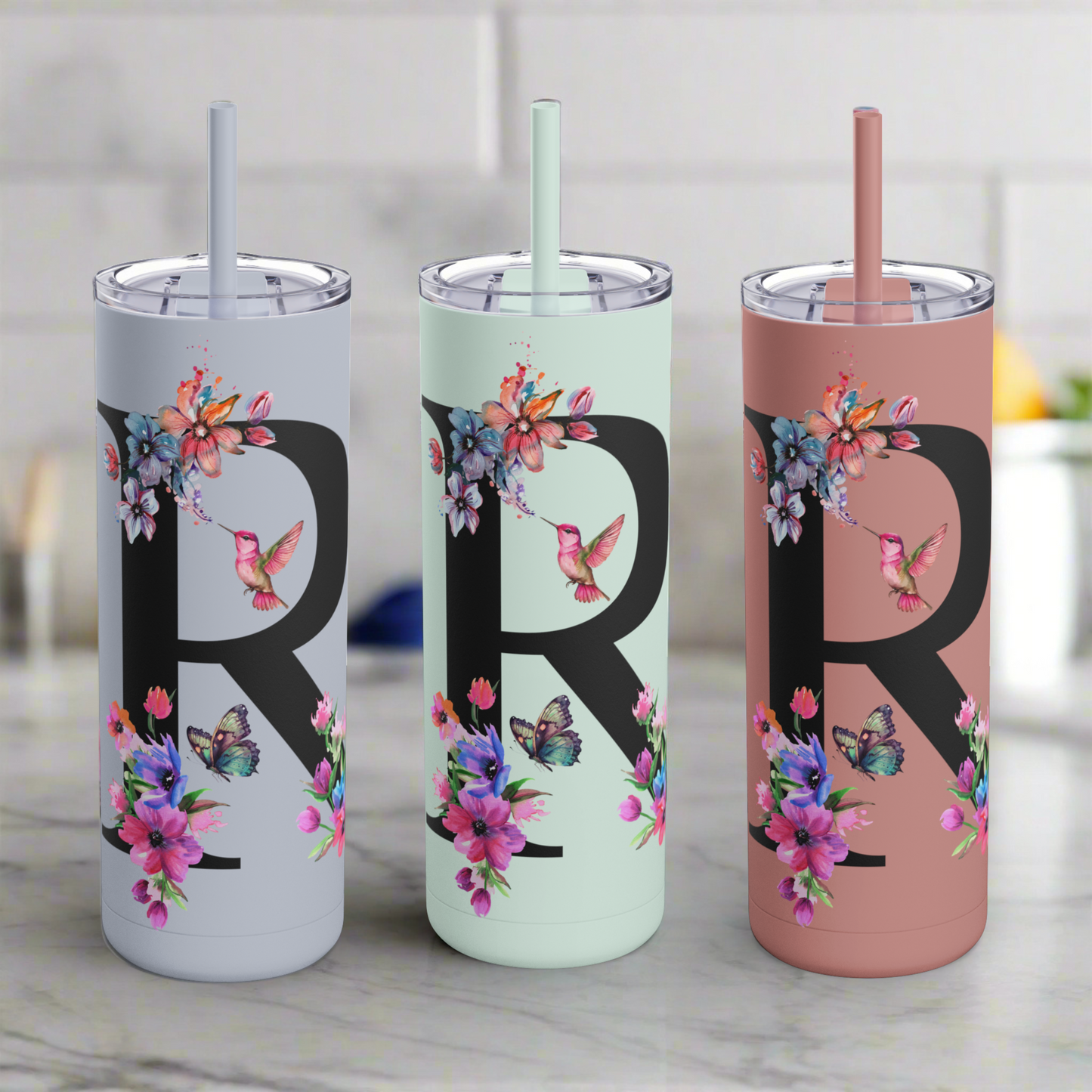 Monogram Floral Personalized Skinny Tumbler, 20oz with Hummingbird & Initial, Custom Drinkware, Gift for Her, Birthday, Bridal Shower, Summer