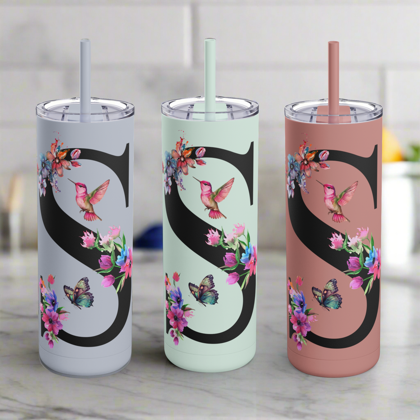 Monogram Floral Personalized Skinny Tumbler, 20oz with Hummingbird & Initial, Custom Drinkware, Gift for Her, Birthday, Bridal Shower, Summer