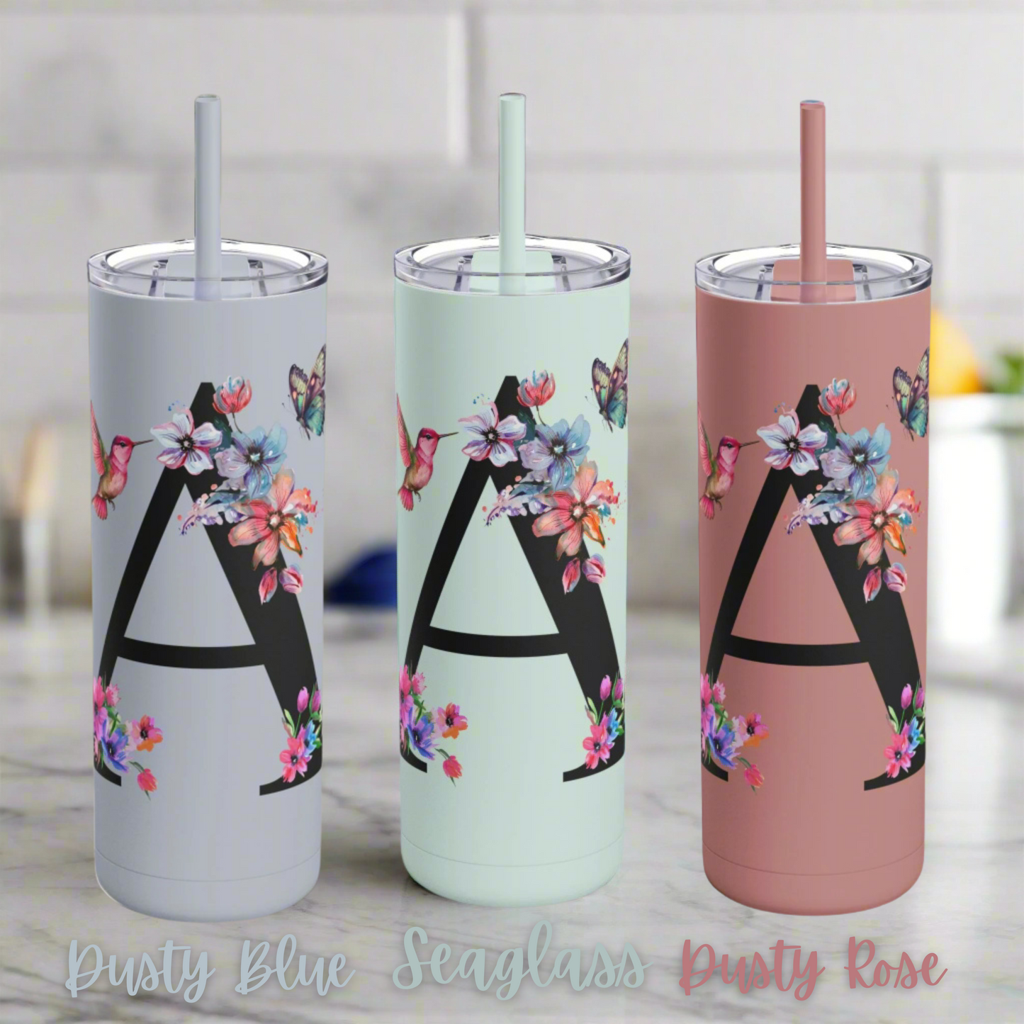 Monogram Floral Personalized Skinny Tumbler, 20oz with Hummingbird & Initial, Custom Drinkware, Gift for Her, Birthday, Bridal Shower, Summer