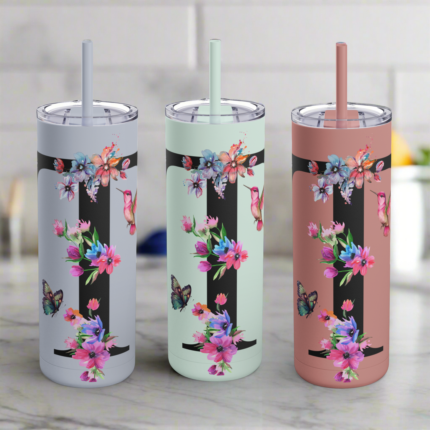 Monogram Floral Personalized Skinny Tumbler, 20oz with Hummingbird & Initial, Custom Drinkware, Gift for Her, Birthday, Bridal Shower, Summer
