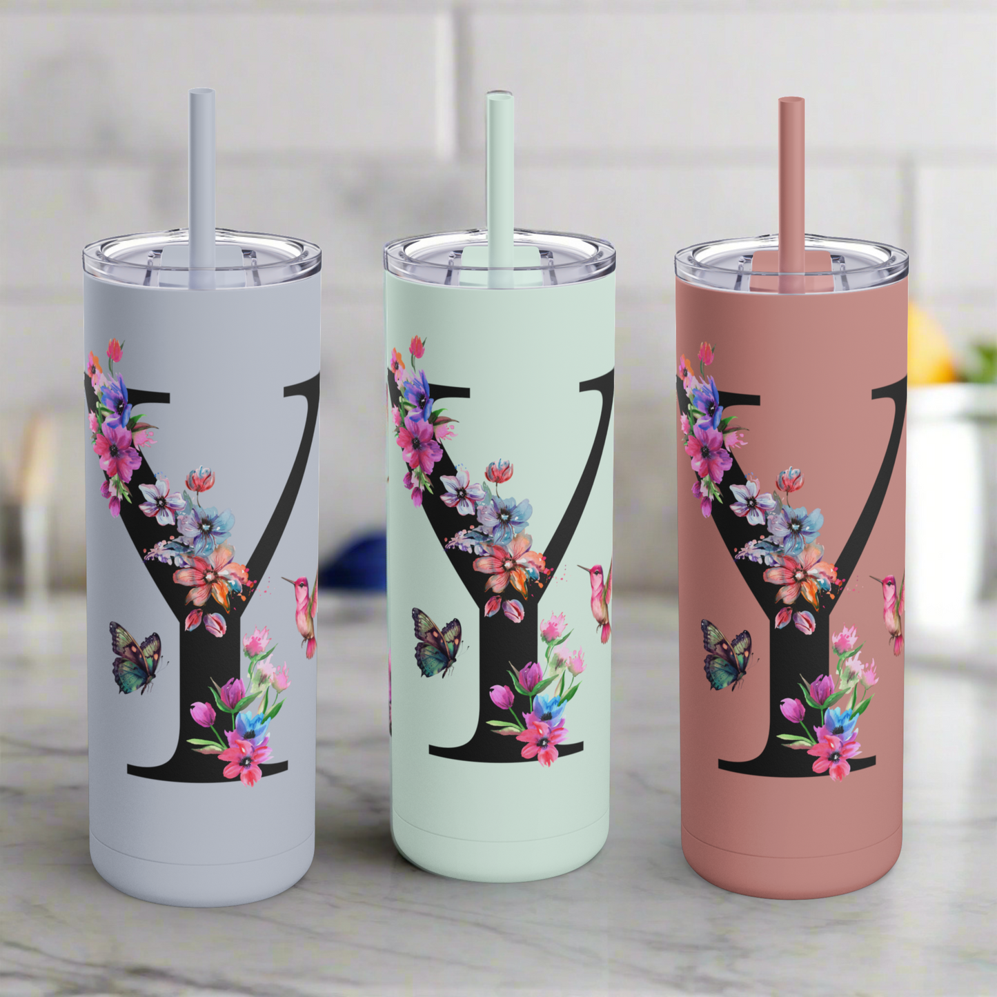 Monogram Floral Personalized Skinny Tumbler, 20oz with Hummingbird & Initial, Custom Drinkware, Gift for Her, Birthday, Bridal Shower, Summer