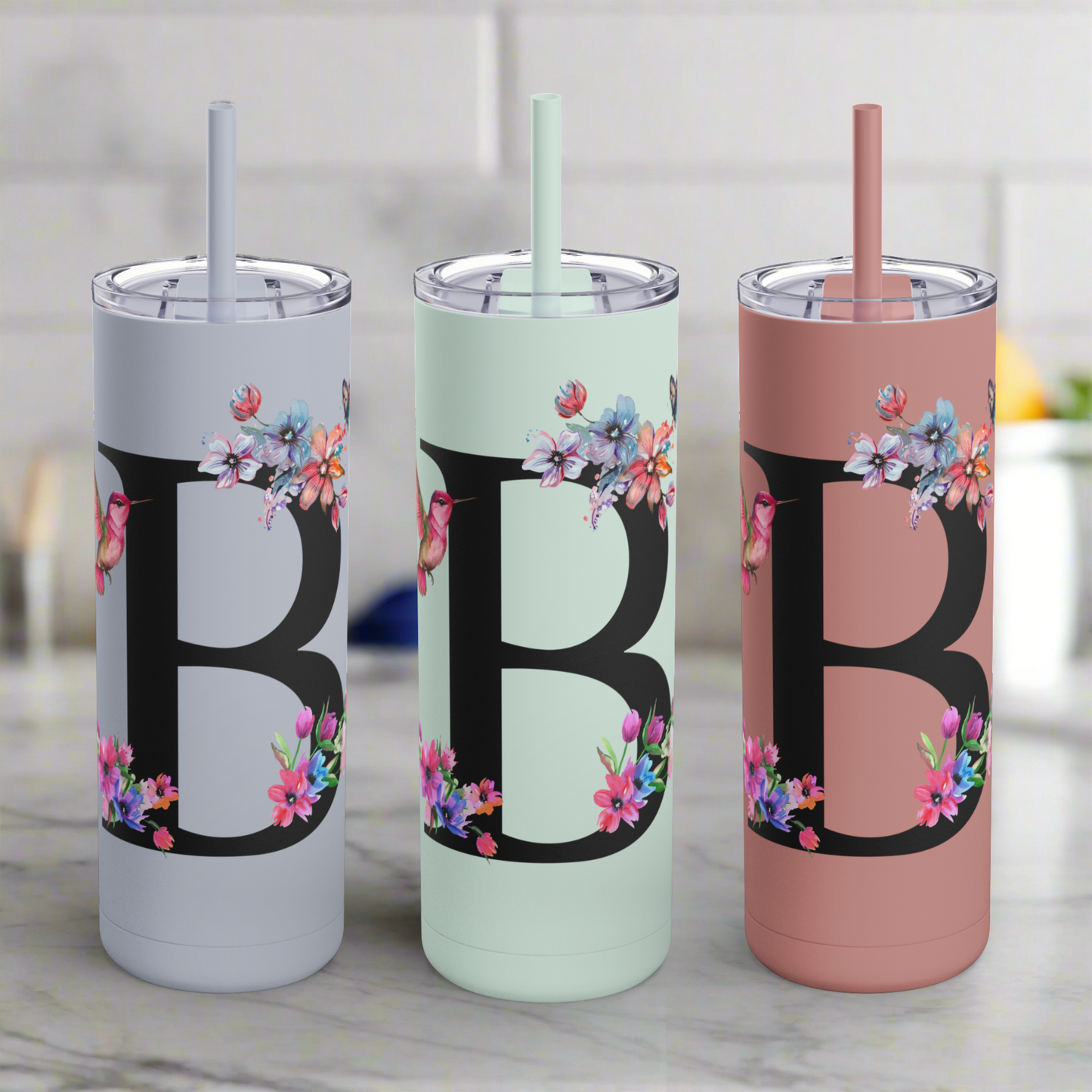 Monogram Floral Personalized Skinny Tumbler, 20oz with Hummingbird & Initial, Custom Drinkware, Gift for Her, Birthday, Bridal Shower, Summer