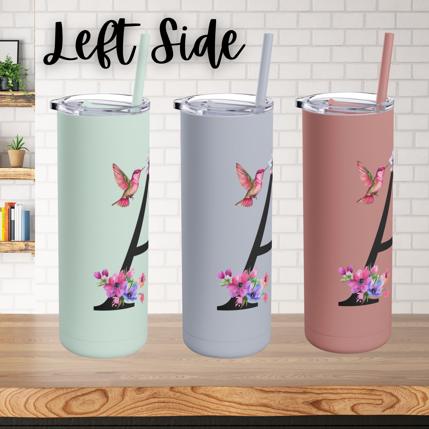 Monogram Floral Personalized Skinny Tumbler, 20oz with Hummingbird & Initial, Custom Drinkware, Gift for Her, Birthday, Bridal Shower, Summer