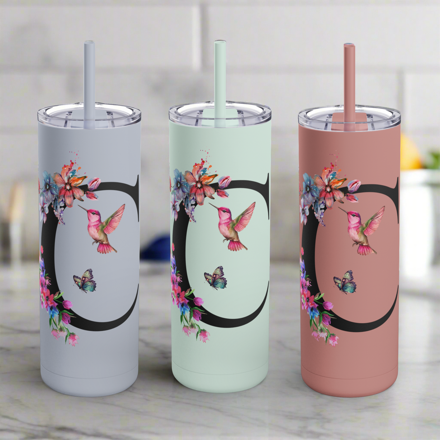 Monogram Floral Personalized Skinny Tumbler, 20oz with Hummingbird & Initial, Custom Drinkware, Gift for Her, Birthday, Bridal Shower, Summer
