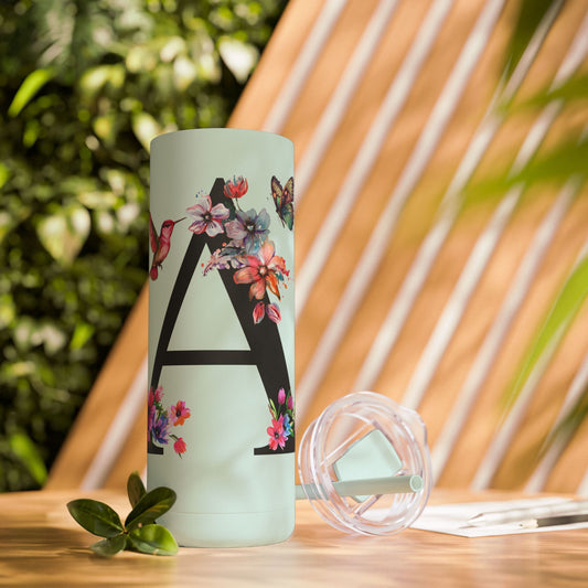 Monogram Floral Personalized Skinny Tumbler, 20oz with Hummingbird & Initial, Custom Drinkware, Gift for Her, Birthday, Bridal Shower, Summer