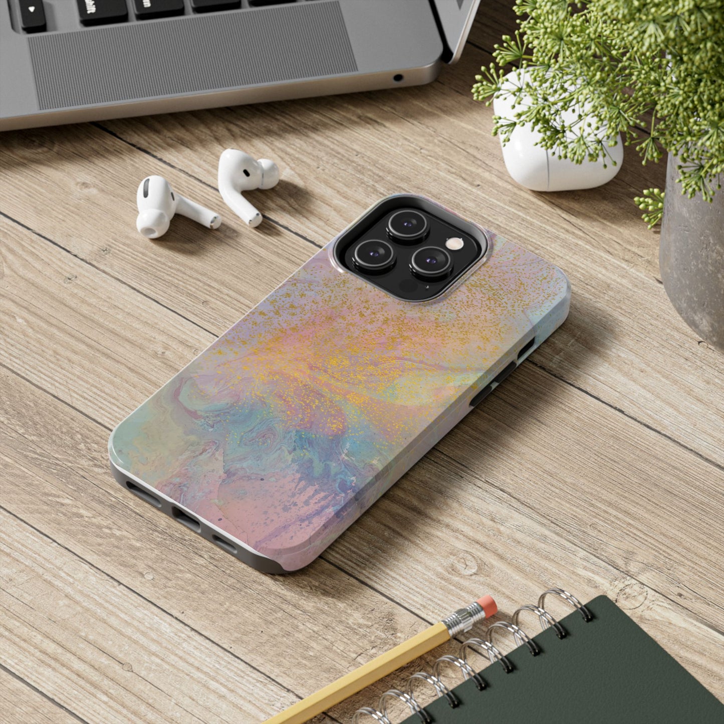Phone Case - Pastel Rainbow & Gold Watercolor Design